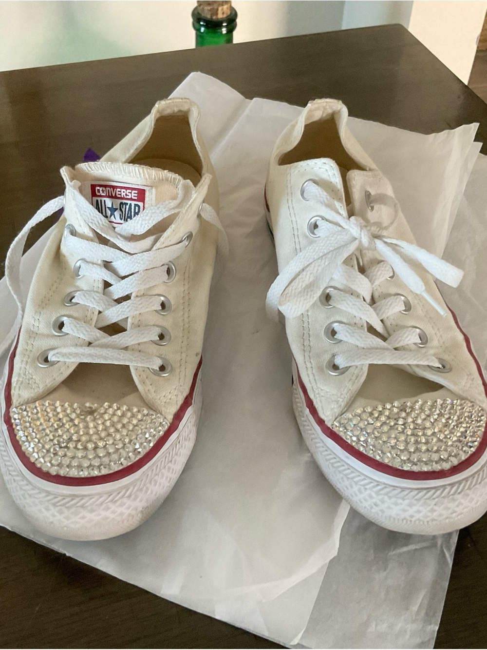 Converse All stars.White with fake diamonds on front and back Size 8.5